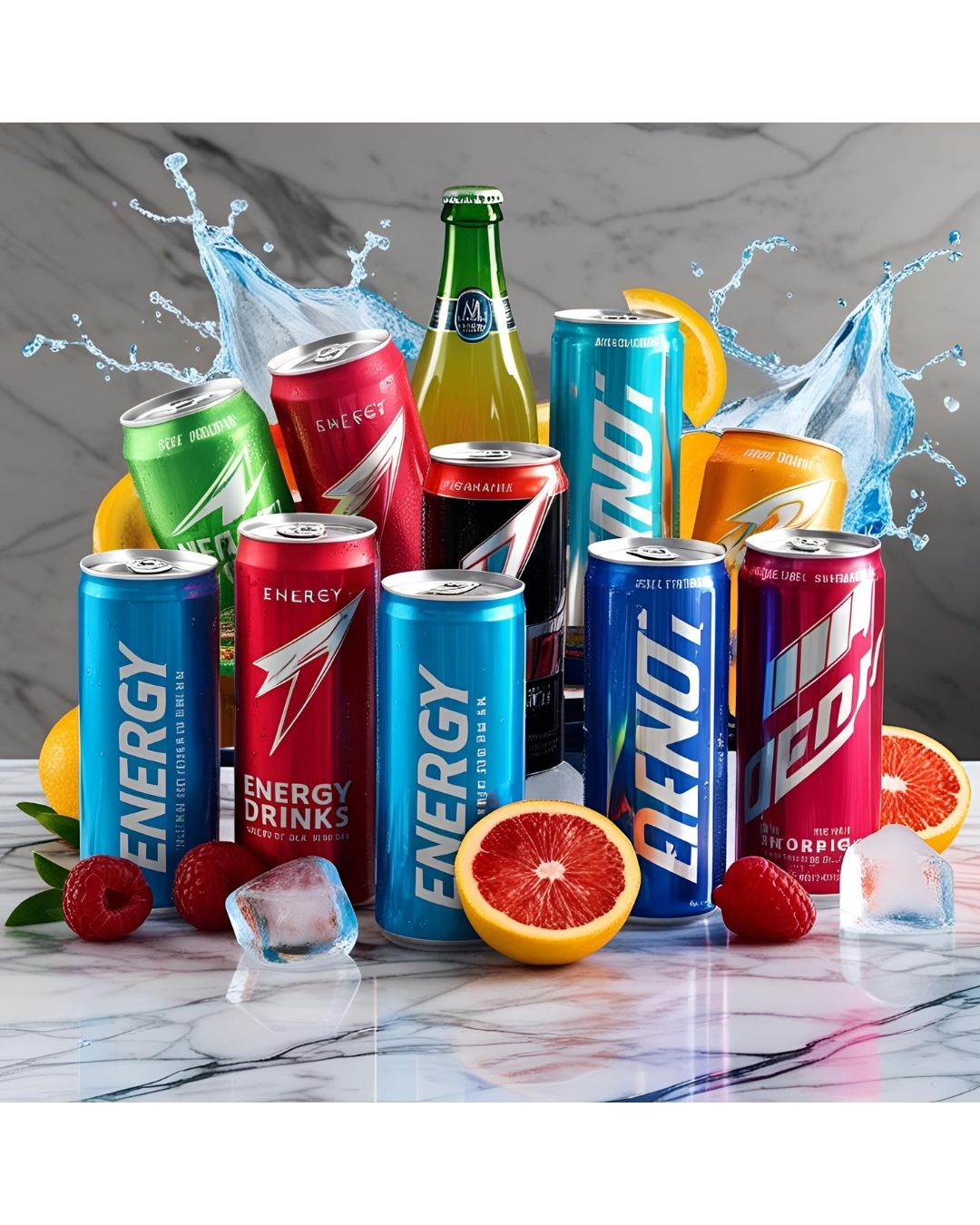 Auswahl an Dosen- und Flaschengetränken mit Energy, Limonade, Wasser und Erfrischungsgetränken